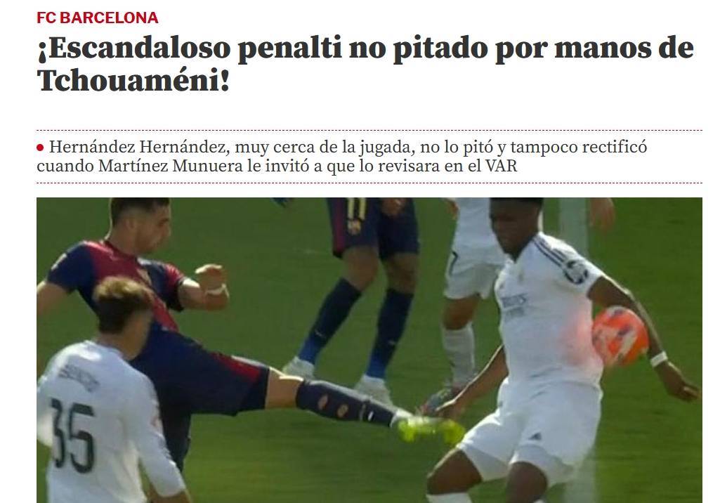 皇冠足球平台代理申请_世体：令人震惊的判罚皇冠足球平台代理申请！琼阿梅尼手球是明显点球 他应该2黄被罚下